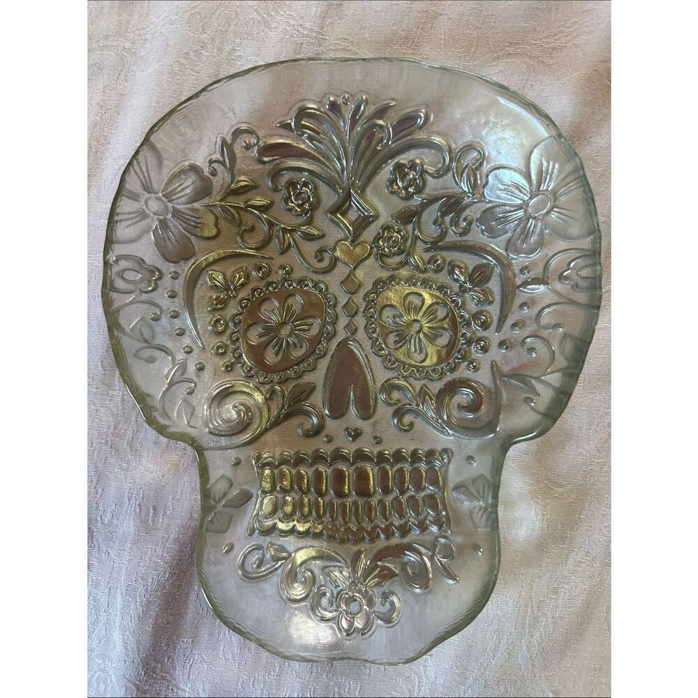 Sugar Skull Art Dish Silver Decorative Glass Serveware